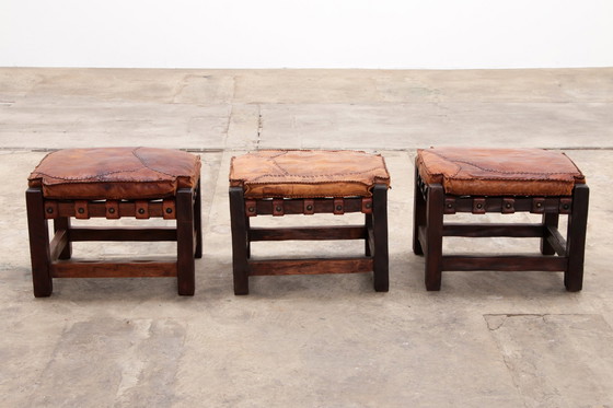 Image 1 of Brazilian Brutalist footstools with patchwork leather, 1960s