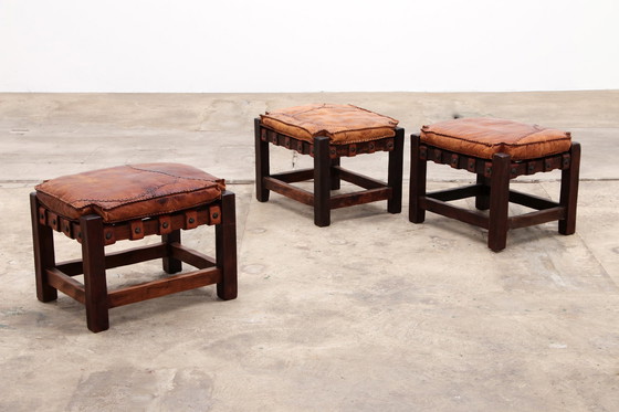 Image 1 of Brazilian Brutalist footstools with patchwork leather, 1960s