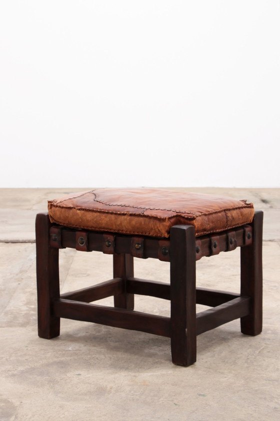 Image 1 of Brazilian Brutalist footstools with patchwork leather, 1960s