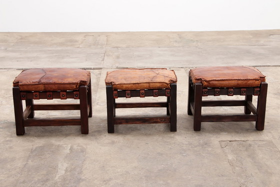 Image 1 of Brazilian Brutalist footstools with patchwork leather, 1960s