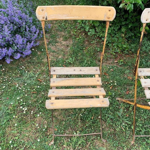 Set of 3 vintage iron and wood folding garden chairs