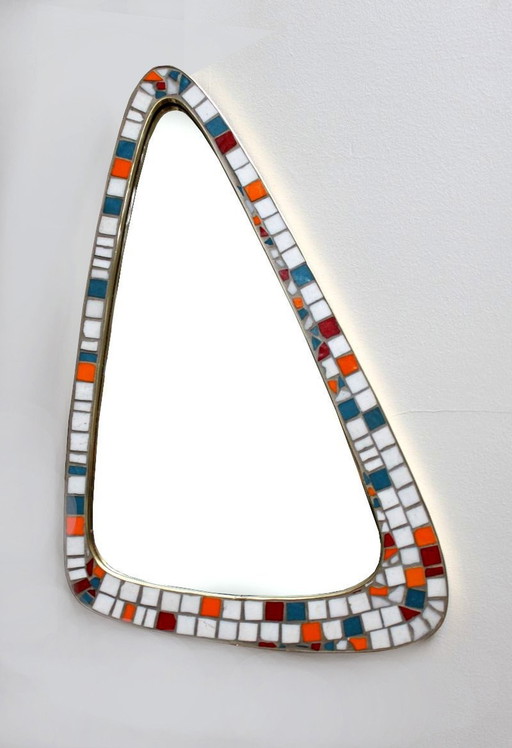 Mosaic And Brass Mirror, Free Form, Holland, 50'S.