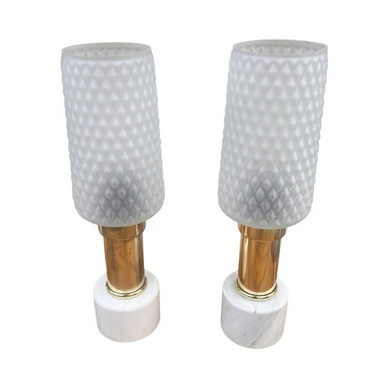Image 1 of Pair of vintage marble and glass bedside lamps for Veb Narva Leuchtenbau Lengefeld, Germany 1960