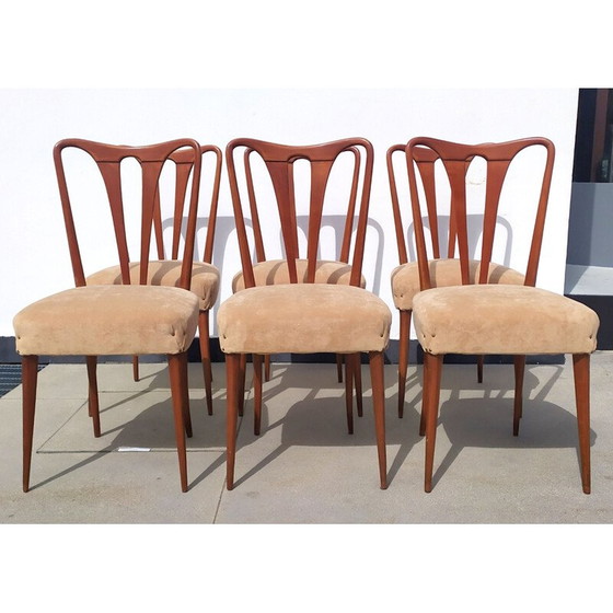Image 1 of Set of 6 vintage wood and fabric chairs, 1940s