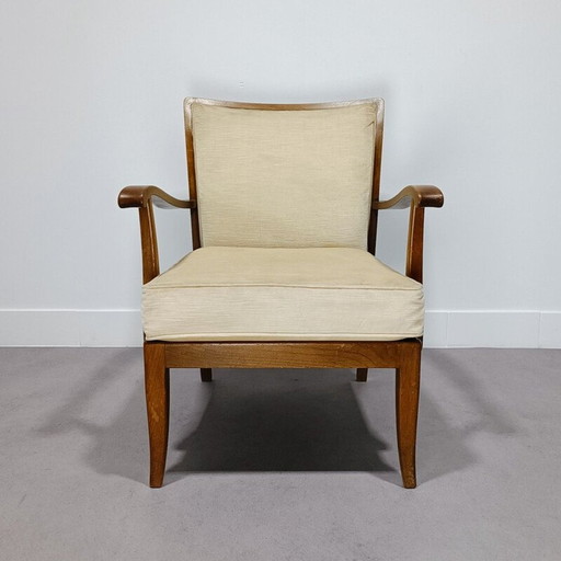 Vintage walnut and velvet armchair by Knoll Antimott