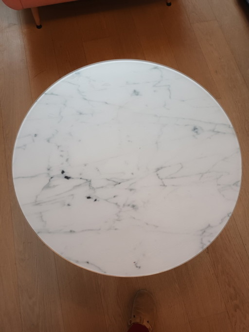 Coffee Table With Glass Top In Marble Look And Copper Base