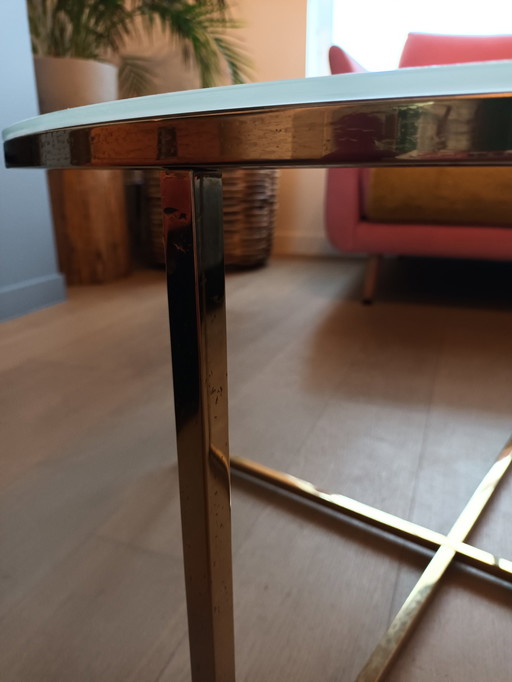 Coffee Table With Glass Top In Marble Look And Copper Base