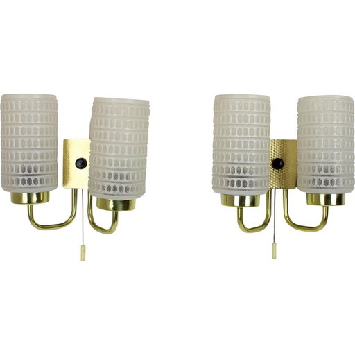 Pair of vintage glass and brass wall lamp, Germany 1970