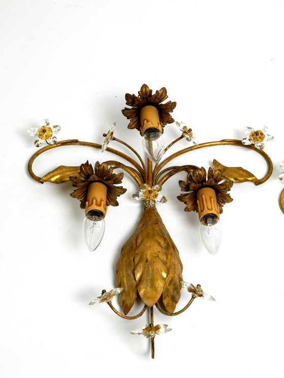 Image 1 of Pair of elegant gold plated Italian 1980's floral Regency Murano glass sconces