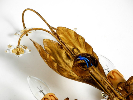 Image 1 of Pair of elegant gold plated Italian 1980's floral Regency Murano glass sconces