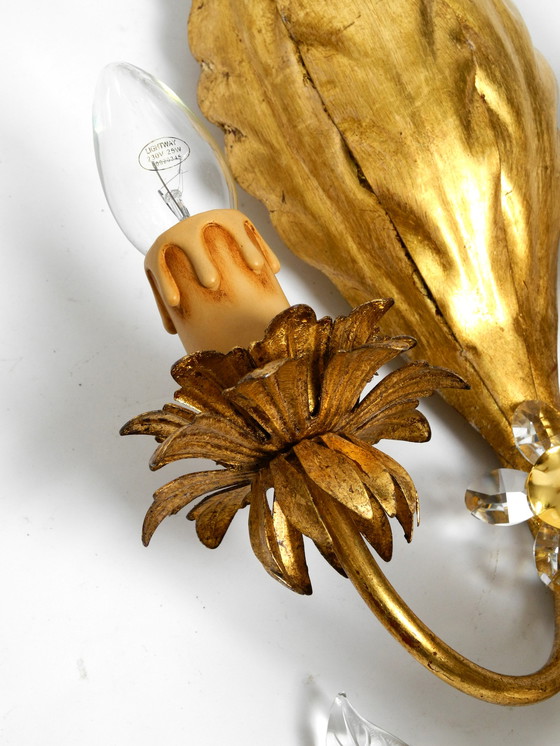 Image 1 of Pair of elegant gold plated Italian 1980's floral Regency Murano glass sconces