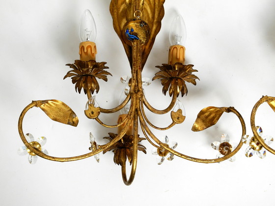 Image 1 of Pair of elegant gold plated Italian 1980's floral Regency Murano glass sconces