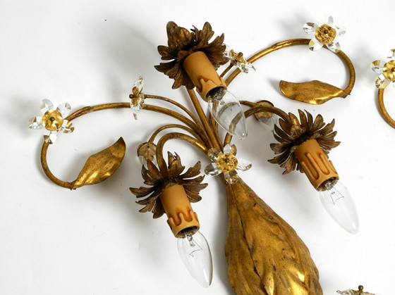 Image 1 of Pair of elegant gold plated Italian 1980's floral Regency Murano glass sconces