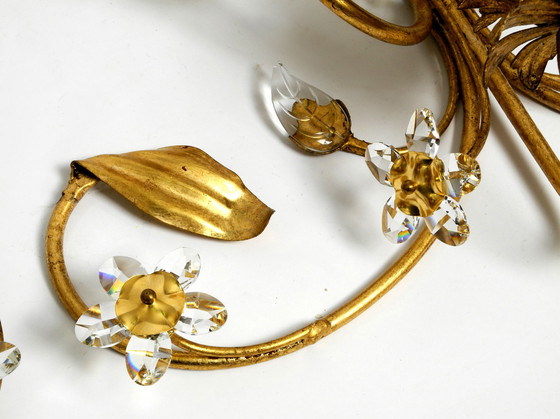 Image 1 of Pair of elegant gold plated Italian 1980's floral Regency Murano glass sconces