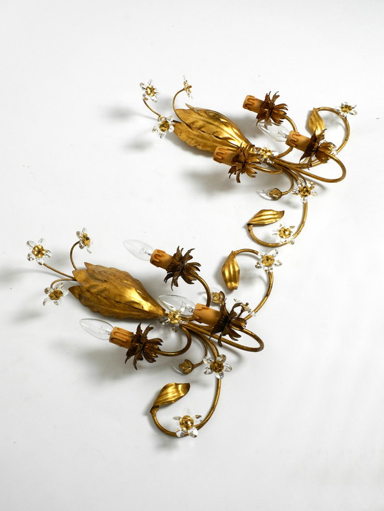 Image 1 of Pair of elegant gold plated Italian 1980's floral Regency Murano glass sconces