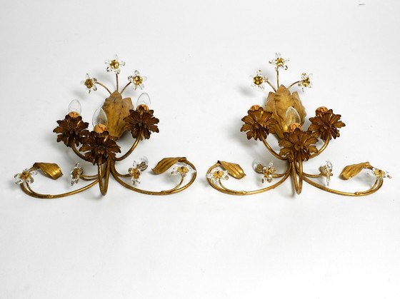 Image 1 of Pair of elegant gold plated Italian 1980's floral Regency Murano glass sconces