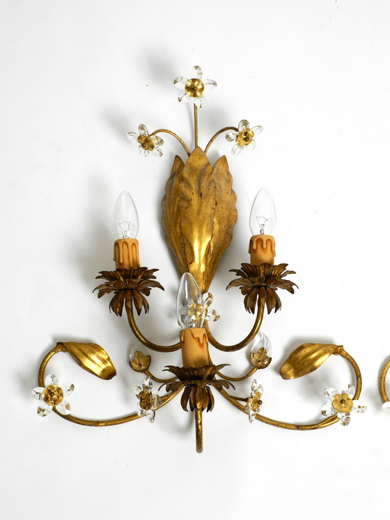 Image 1 of Pair of elegant gold plated Italian 1980's floral Regency Murano glass sconces