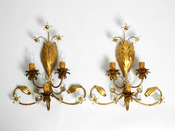 Image 1 of Pair of elegant gold plated Italian 1980's floral Regency Murano glass sconces