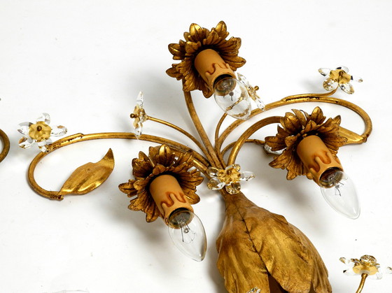 Image 1 of Pair of elegant gold plated Italian 1980's floral Regency Murano glass sconces