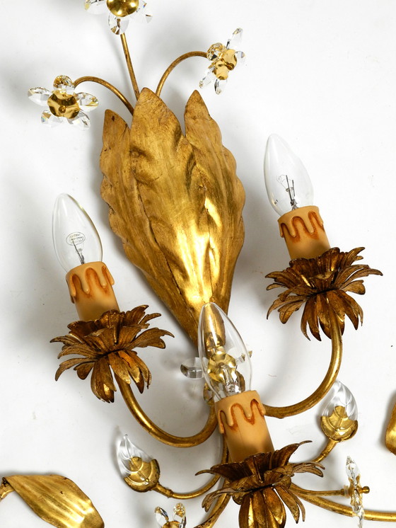 Image 1 of Pair of elegant gold plated Italian 1980's floral Regency Murano glass sconces