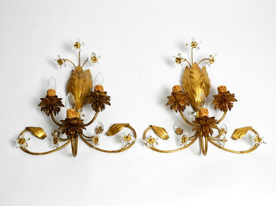 Image 1 of Pair of elegant gold plated Italian 1980's floral Regency Murano glass sconces