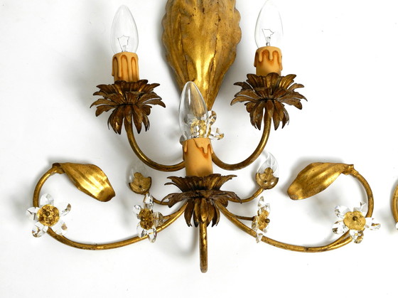 Image 1 of Pair of elegant gold plated Italian 1980's floral Regency Murano glass sconces