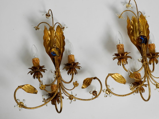 Image 1 of Pair of elegant gold plated Italian 1980's floral Regency Murano glass sconces