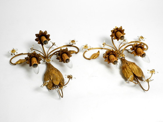 Image 1 of Pair of elegant gold plated Italian 1980's floral Regency Murano glass sconces