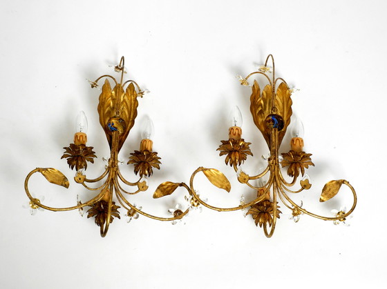 Image 1 of Pair of elegant gold plated Italian 1980's floral Regency Murano glass sconces