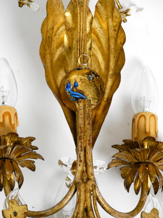 Image 1 of Pair of elegant gold plated Italian 1980's floral Regency Murano glass sconces