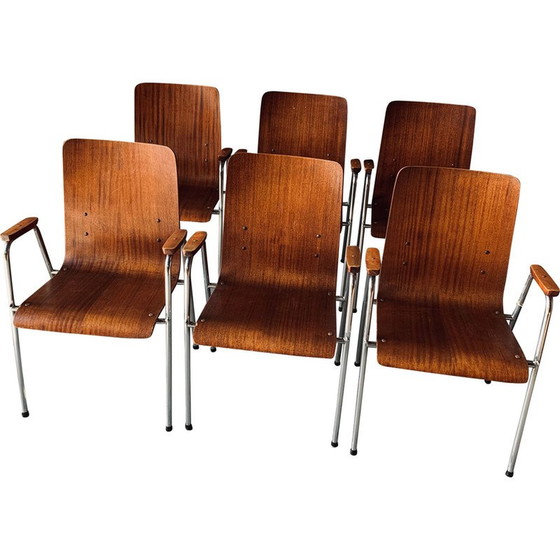 Image 1 of Set of 6 vintage wood and metal armchairs, 1960