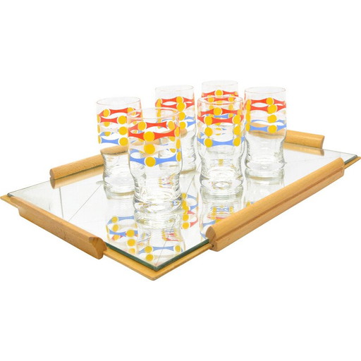 Set of 6 vintage glasses with mirror tray, Germany 1960s