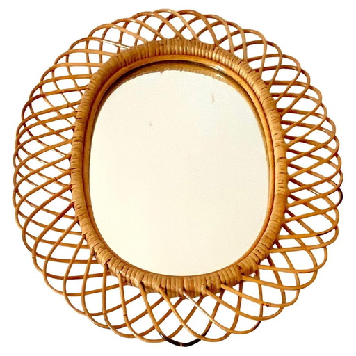 1X Midcentury Modern Large Sunburst Bamboo And Rattan Mirror In The Style Of Bonacina, Italy 1960S