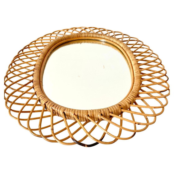 Image 1 of 1X Midcentury Modern Large Sunburst Bamboo And Rattan Mirror In The Style Of Bonacina, Italy 1960S