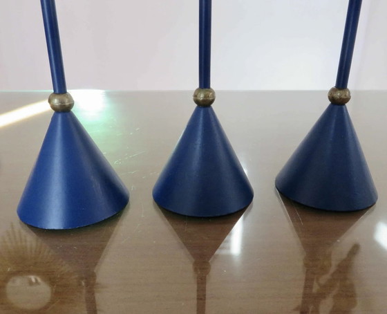 Image 1 of Scandinavian, Modernist, Minimalist, Blue Lacquered Metal And Brass Candleholders Mid - Century 1960 1970