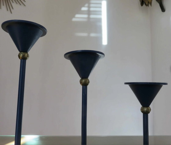 Image 1 of Scandinavian, Modernist, Minimalist, Blue Lacquered Metal And Brass Candleholders Mid - Century 1960 1970