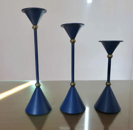 Scandinavian, Modernist, Minimalist, Blue Lacquered Metal And Brass Candleholders Mid - Century 1960 1970