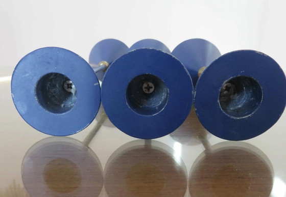 Image 1 of Scandinavian, Modernist, Minimalist, Blue Lacquered Metal And Brass Candleholders Mid - Century 1960 1970