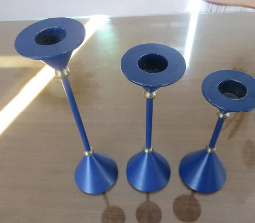 Scandinavian, Modernist, Minimalist, Blue Lacquered Metal And Brass Candleholders Mid - Century 1960 1970