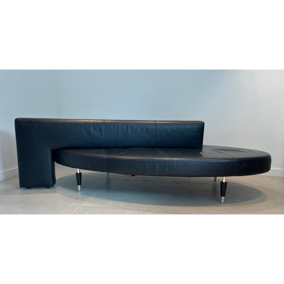 Image 1 of Vintage oval 3-seater sofa in black leather and chrome legs, France 1970