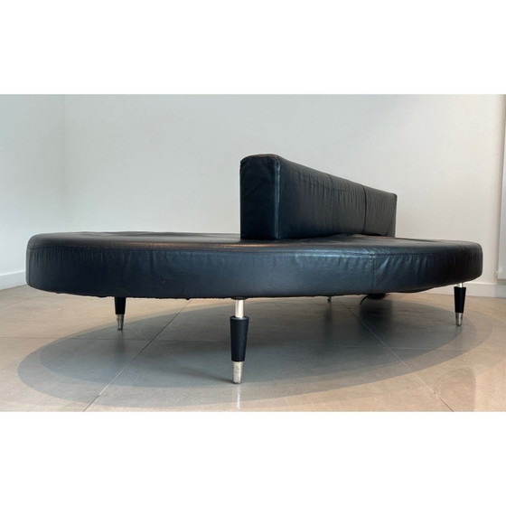 Image 1 of Vintage oval 3-seater sofa in black leather and chrome legs, France 1970