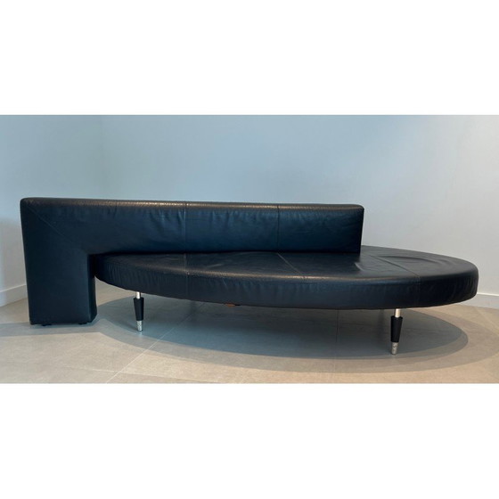 Image 1 of Vintage oval 3-seater sofa in black leather and chrome legs, France 1970