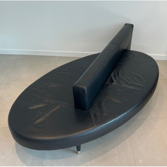 Image 1 of Vintage oval 3-seater sofa in black leather and chrome legs, France 1970