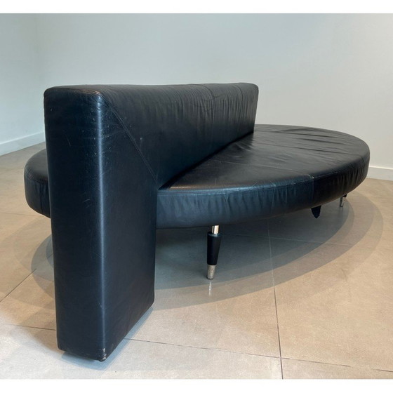 Image 1 of Vintage oval 3-seater sofa in black leather and chrome legs, France 1970