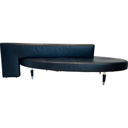 Vintage oval 3-seater sofa in black leather and chrome legs, France 1970