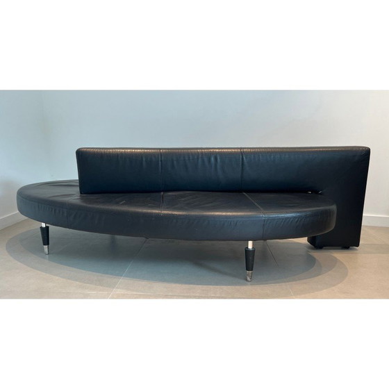 Image 1 of Vintage oval 3-seater sofa in black leather and chrome legs, France 1970
