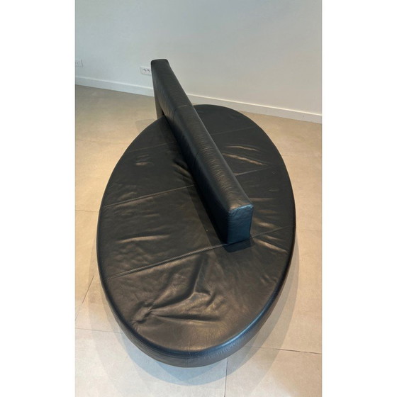 Image 1 of Vintage oval 3-seater sofa in black leather and chrome legs, France 1970