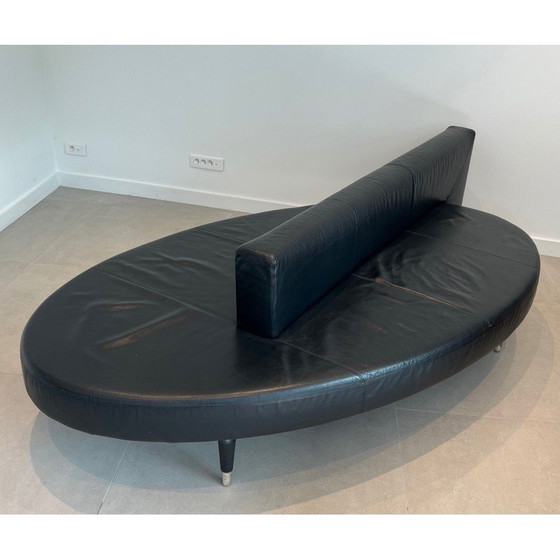 Image 1 of Vintage oval 3-seater sofa in black leather and chrome legs, France 1970