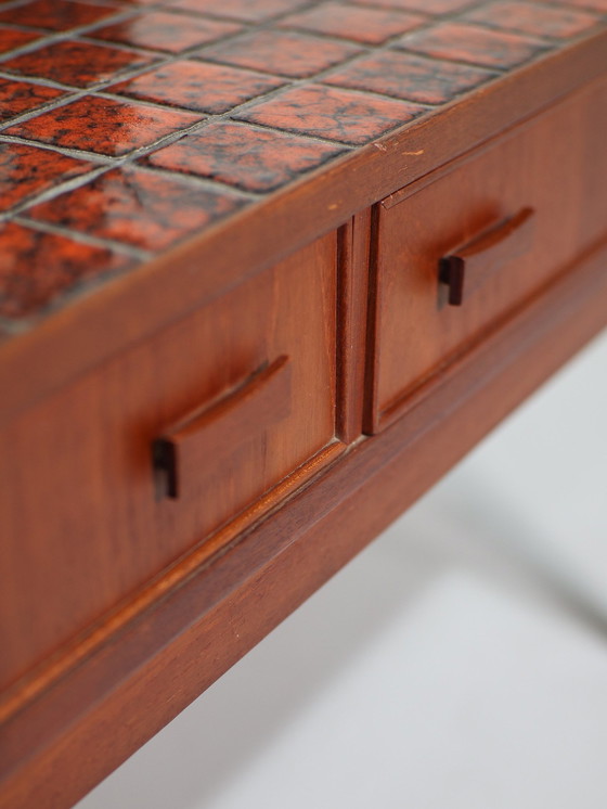Image 1 of Neck Set Bench With Mirror Danish Vintage Teak Red Tiles