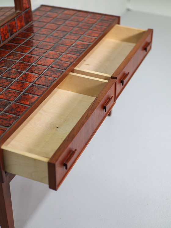 Image 1 of Neck Set Bench With Mirror Danish Vintage Teak Red Tiles